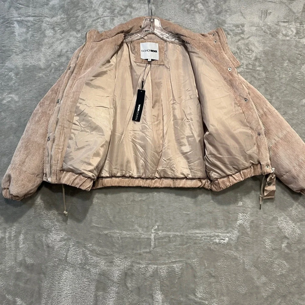 Fashion Nova Puffer Jacket Women Size L Taupe Corduroy Quilted JKJR000350FN - Picture 3 of 8
